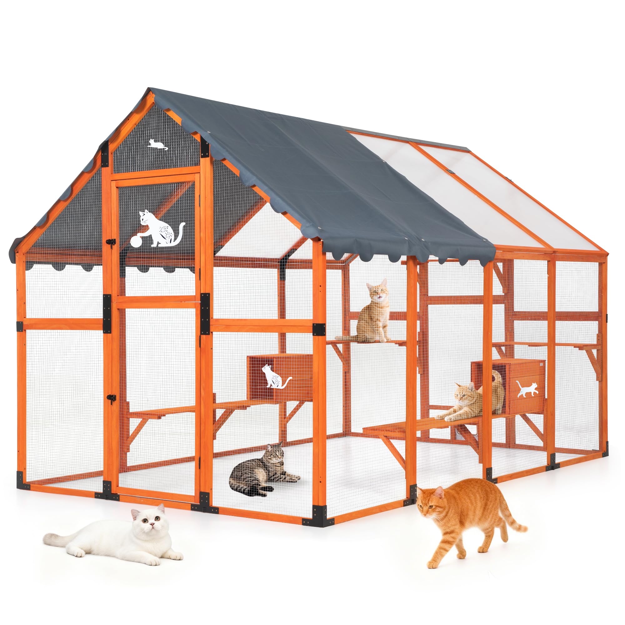 110" Large Catio Outdoor Cat Enclosure, Extra Large Outdoor Catio for Multiple Cats, 53.5ft² Big Wooden Walk-in Outside Cattery Cat Run with Weatherproof Full Cover, Grey (Orange)