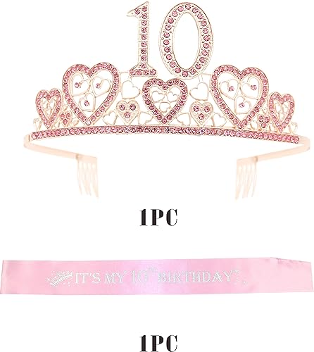 Miniatura 7 de Banda y tiara de cumpleaños número 10 para niñas, fabulosa banda con purpurina + corazones de diamantes de imitación, tiara de metal rosa de alta