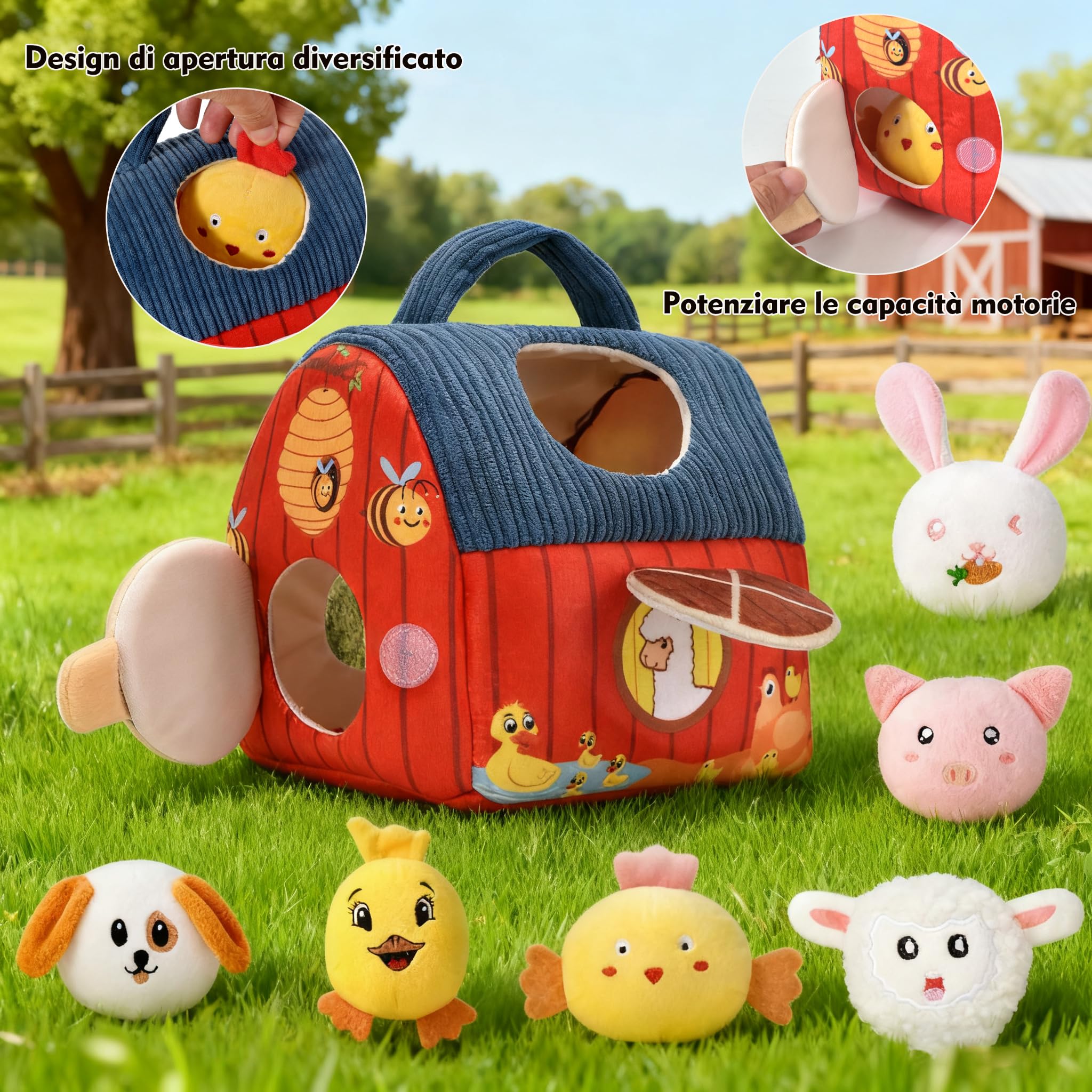 Loyzico Giochi Bambini 1 Anno 6 9 12 Mesi, Montessori Gioco Neonato Fattoria, Fienile e 6 Animali della Fattoria in Peluche, Sonaglio e Specchio-Regalo Bimbo Bimba 1 Anno Bambino