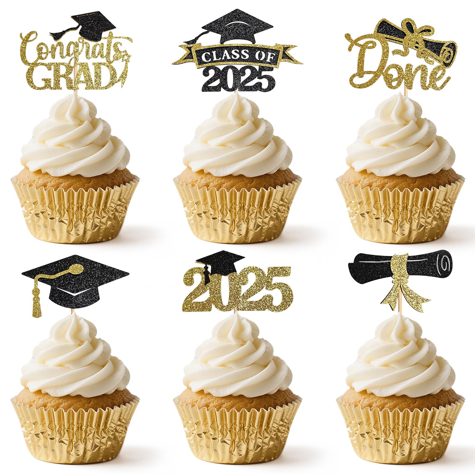 EMORBALS 36 Pcs Graduation Cupcake Toppers 2025, Class of 2025 Cupcake Toppers, Glitter Cake Toppers(Style-2)