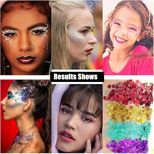 Miniatura 4 de Gemas adhesivas para el cabello + purpurina gruesa para la cara y el cuerpo, 8 colores + pegamento con purpurina para maquillaje con purpurina,