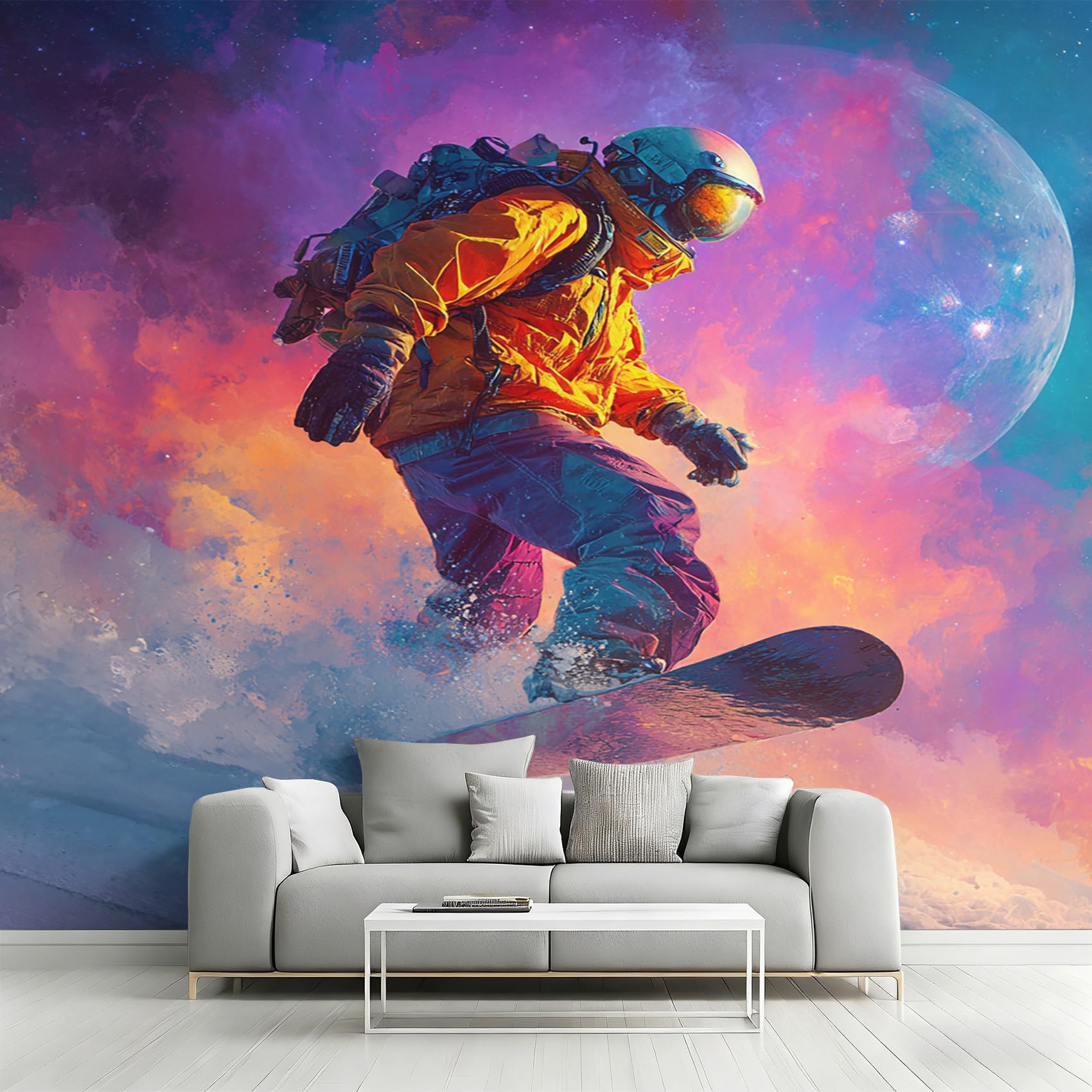 Papier peint ski panoramique grand salon pour une ambiance chalet de montagne