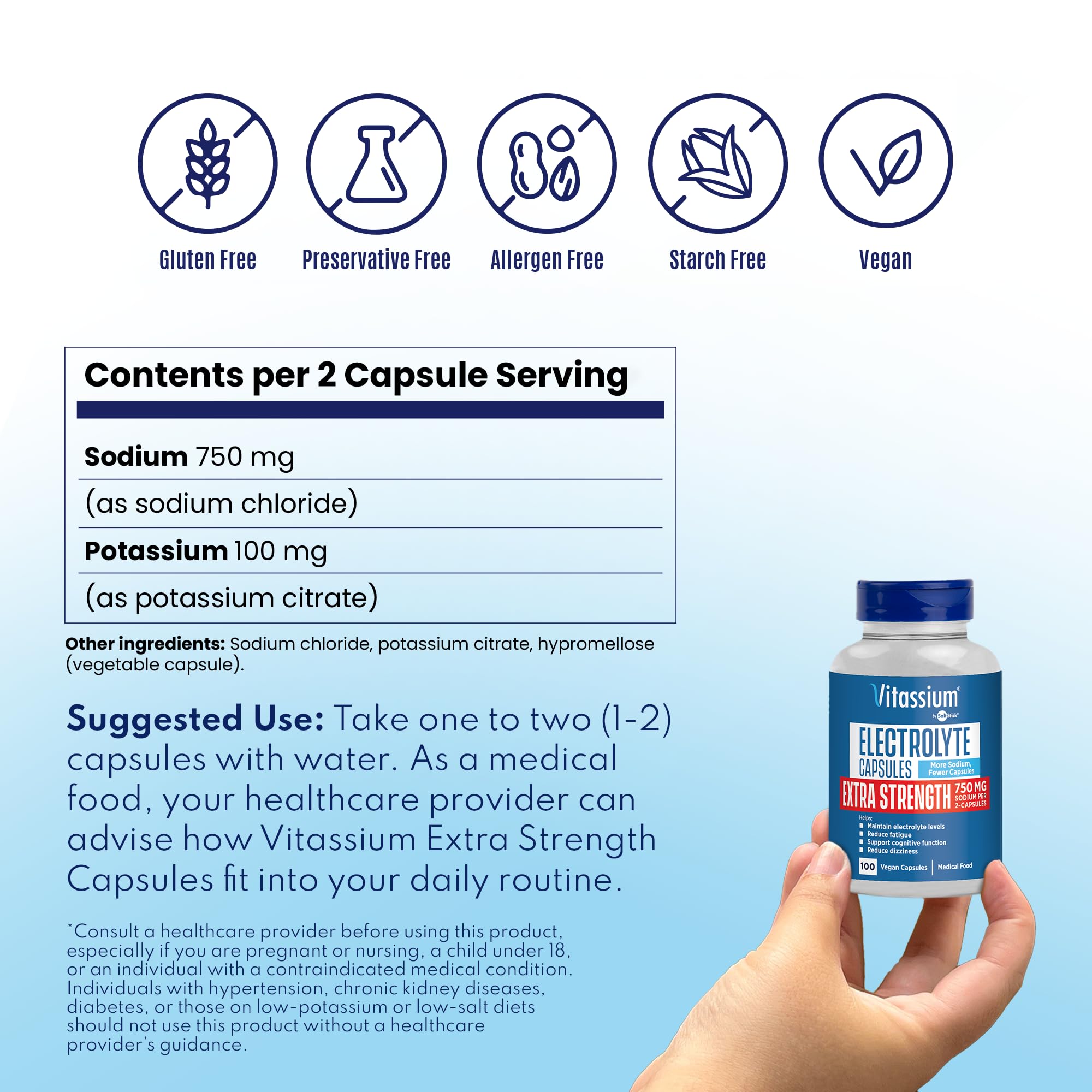 Vitassium Extra Strength Electrolyte Capsules, 750mg of Sodium for the Management of POTS and High Sodium Diets, Unflavored, 100 Salt Pills (Size 00) — Amazon image 6