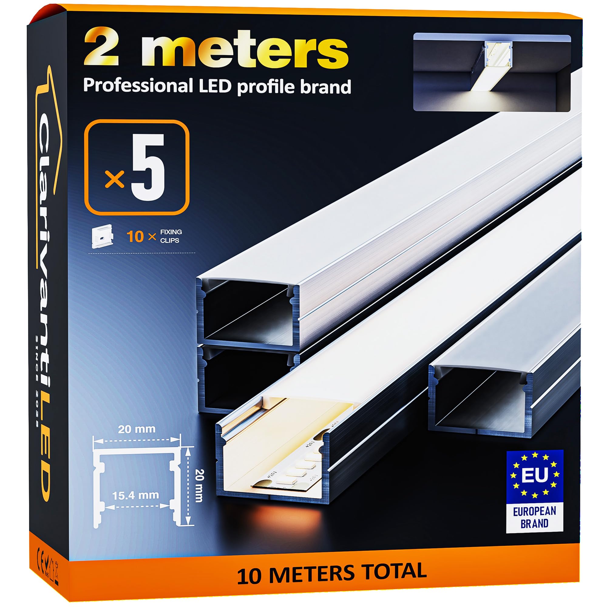 Profil LED 2m×5 aluminiowy w kształcie litery U z mleczno-białym pokrowcem, kanał z dyfuzorem, szyna aluminiowa do taśm LED, profil aluminiowy do pasków LED, kanał świetlny z aluminiową