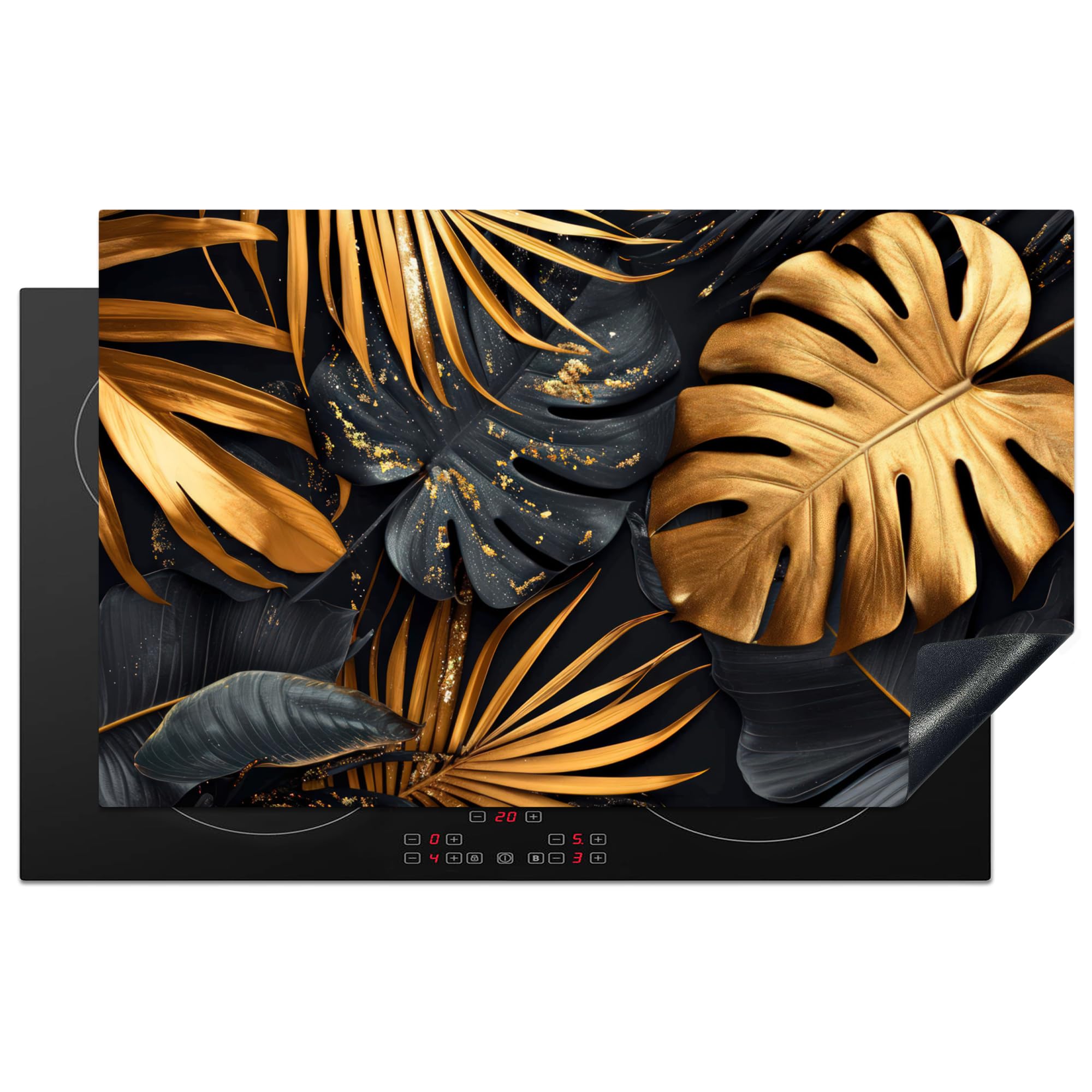 KitchenYeah© Induction Hob Cover Protector Mat 20.5"x33.5" / 85x52 cm Kitchen Universal Ceramic Covers for Electric Cookers Vinyl Leaves - Gold - Black - Nature