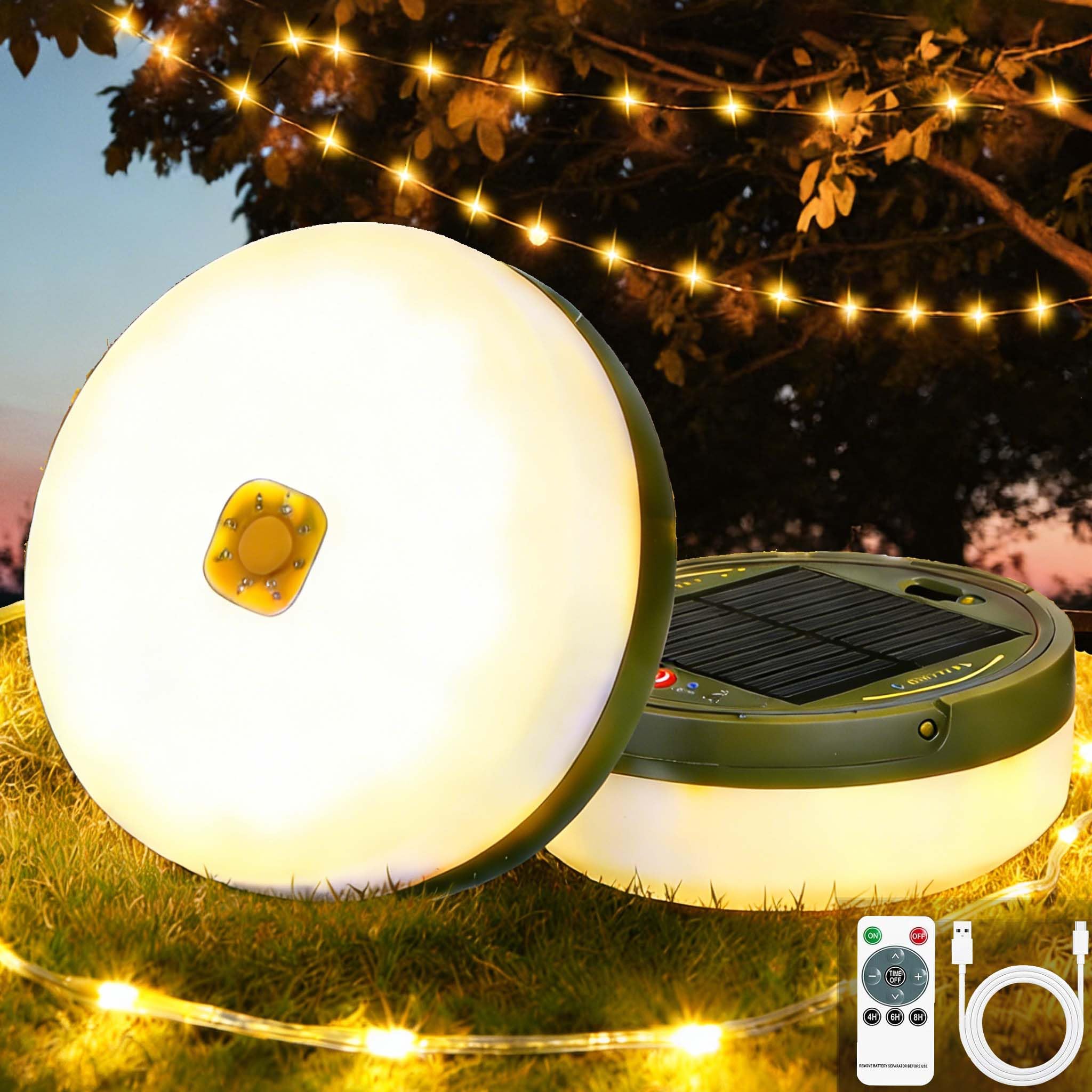 LUCKFEN Camping Lichterkette Aufrollbar Solar mit 8 Beleuchtungsmoden, Fernsteuerung, Timer-Funktion,Camping Lichterkette Außen USB Aufladungfür Camping, Garten, Wandern