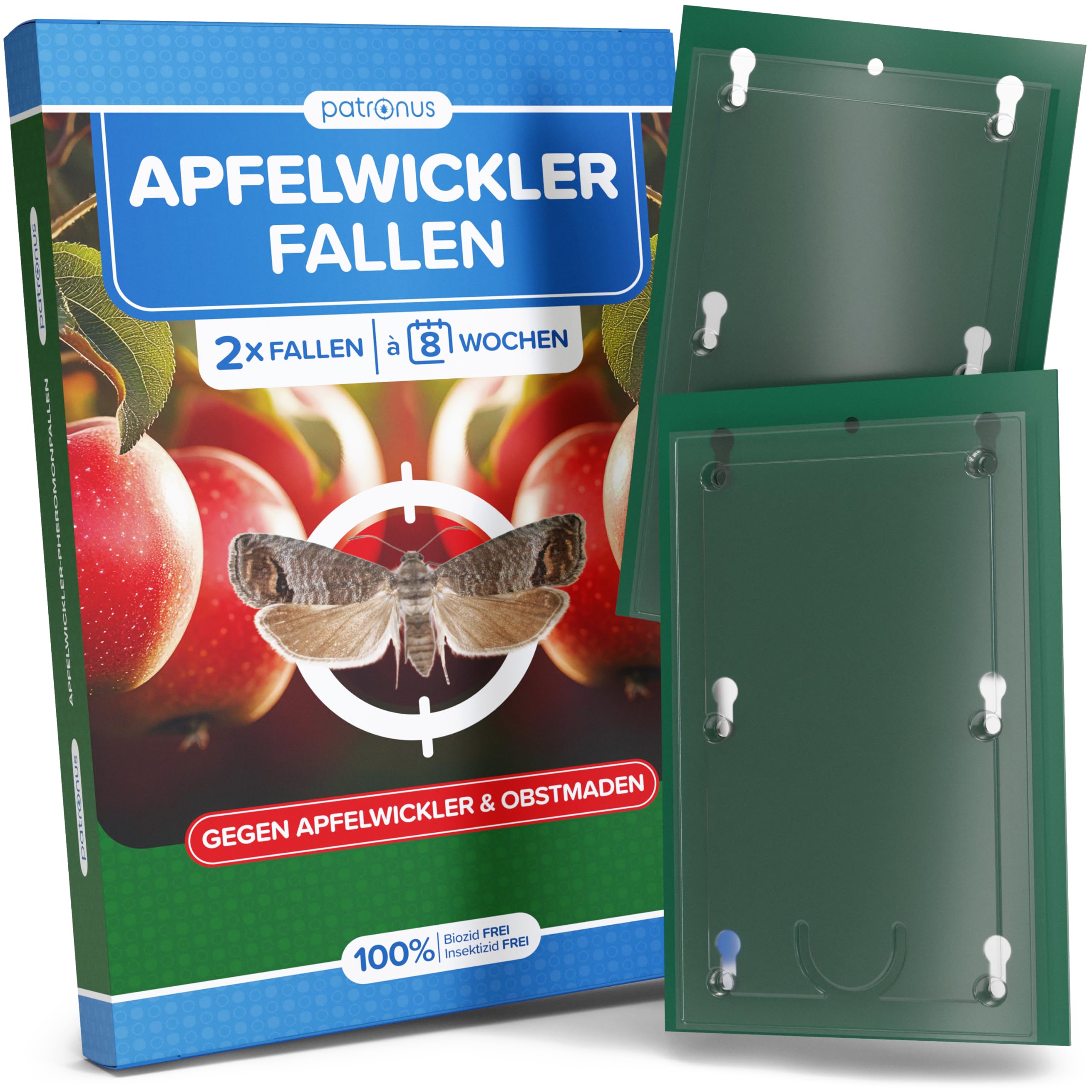 Apfelwickler Pheromonfallen [2 Stück] für wurmfreie Äpfel - Pheromonfalle Apfelbaum mit starkem Lockstoff, Monitoring-Obstmadenfalle wetterfest & unauffällig für Apfelbäume & Obstgärten