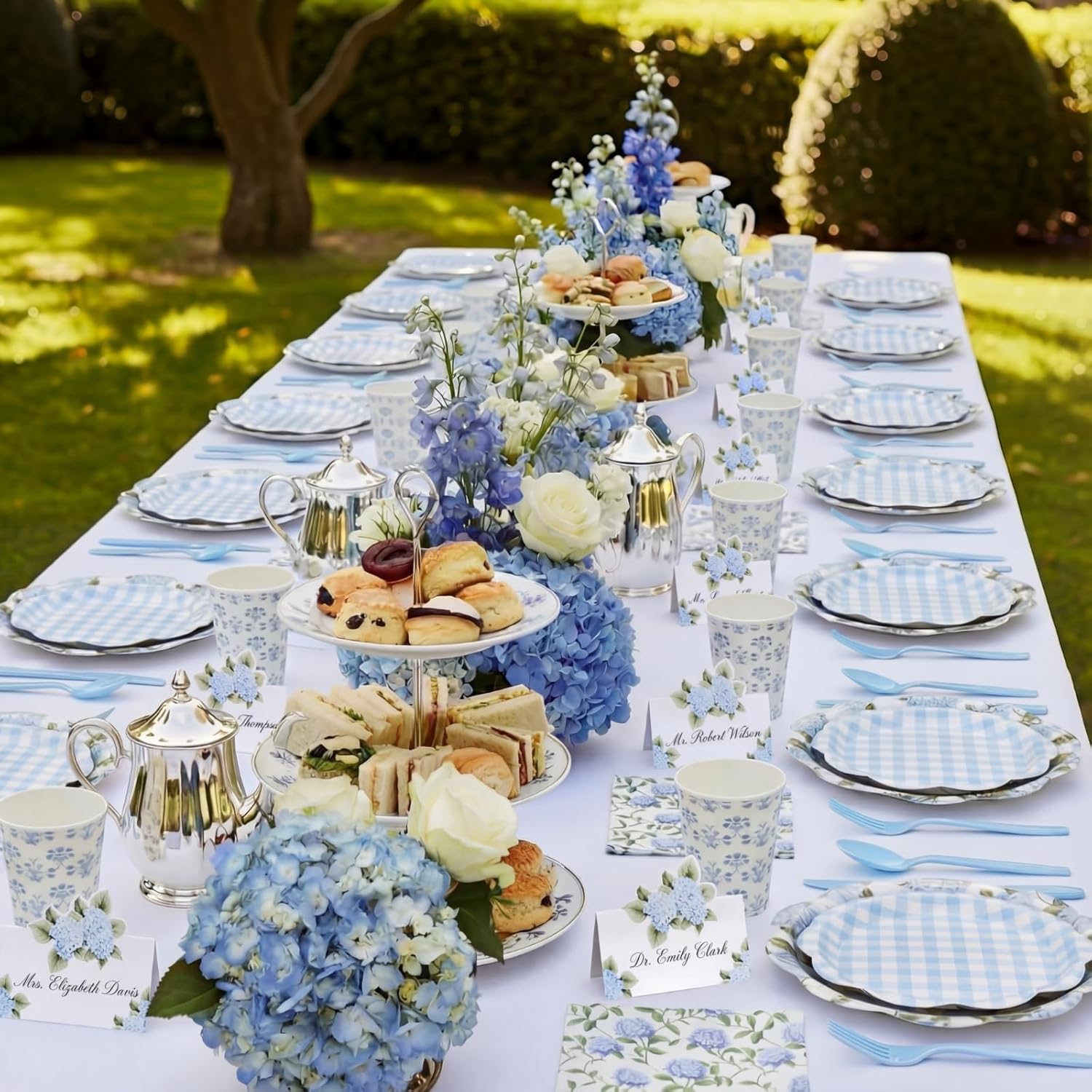 Shellwei 410 Pcs Blue Hydrangea Tea Party Decorations Elegant Floral Paper Plates and Napkins Set Disposable Party Tableware Sets with Cups Knives Forks Spoons Seat Card Favors for 50 Guests