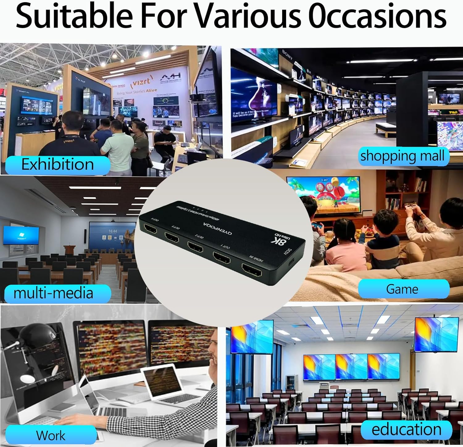8K@60 Hz HDMI Splitter 1 in 4 Out 1x4 Power HDMI Splitter 4 Ports 1 in 4 Out 4 Ports HDMI 2.0 Adapter for HDTV 3D Ultra high Definition HDTV Splitters (8K 1 in 4)