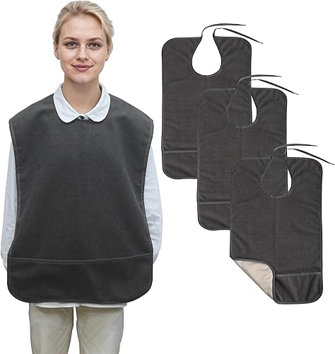 Vista 10 de Babero antideslizante para adultos para comer, baberos grandes impermeables para adultos, para mujeres mayores, hombres, lavables gris