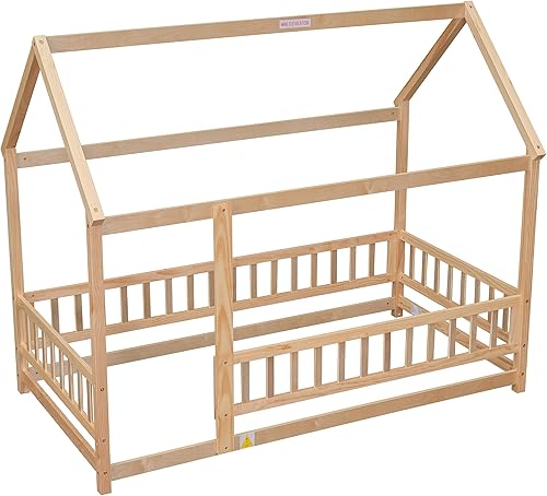 Miniatura 65 de Bellemave Cama Montessori de madera con valla y techo para niños, marco de cama individual para niños, niñas (individual, blanco)