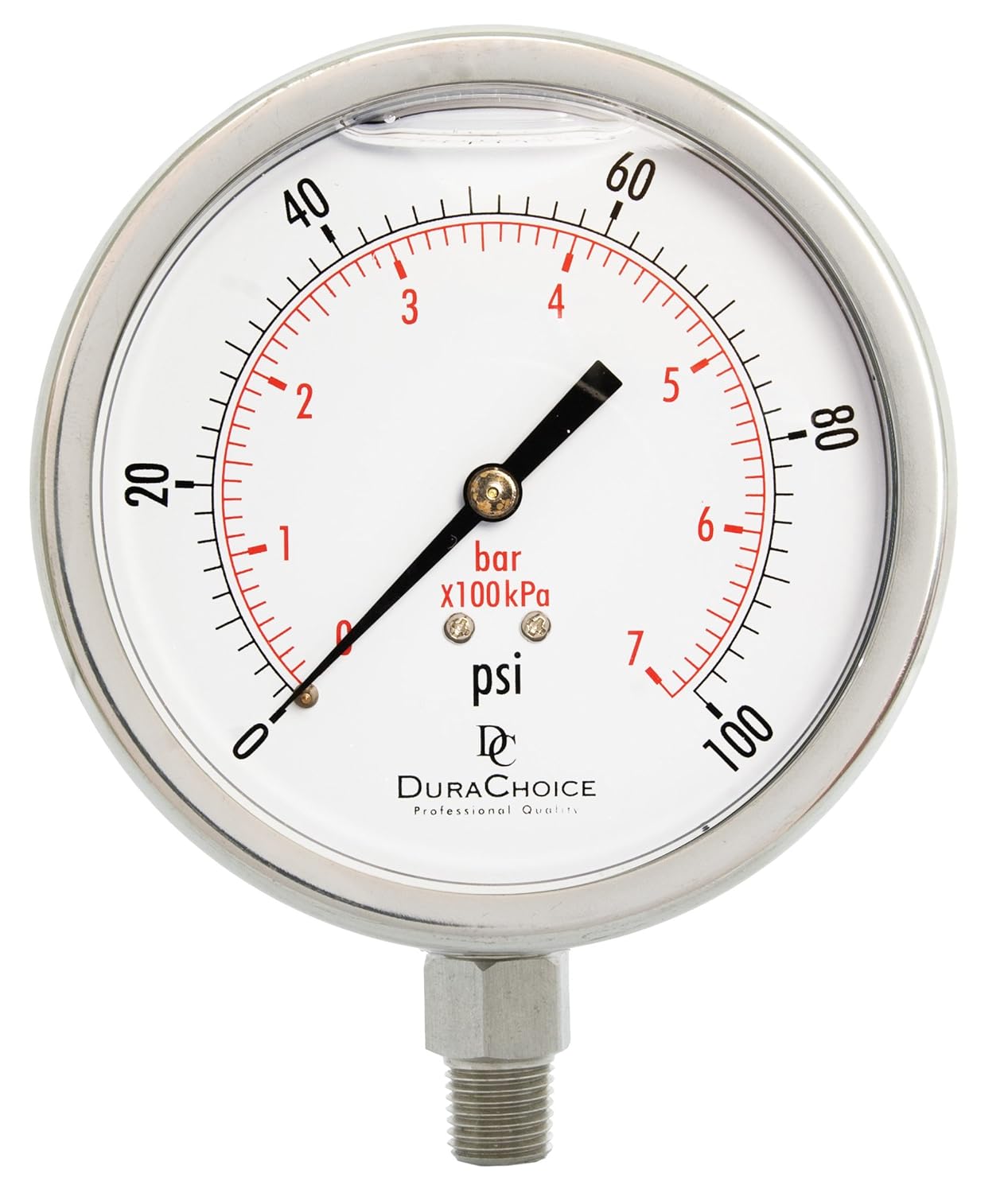 4" All Stainless Steel Oil Filled Pressure Gauge - 1/4" NPT Lower Mount 100PSI