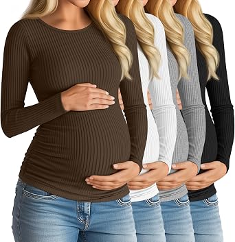 Huukeay 4 Pack Womens Maternity Shirts, Long Sleeve Cotton Ribbed Pregnancy Tops Side Ruched Crew Neck Casual Mama Clothes