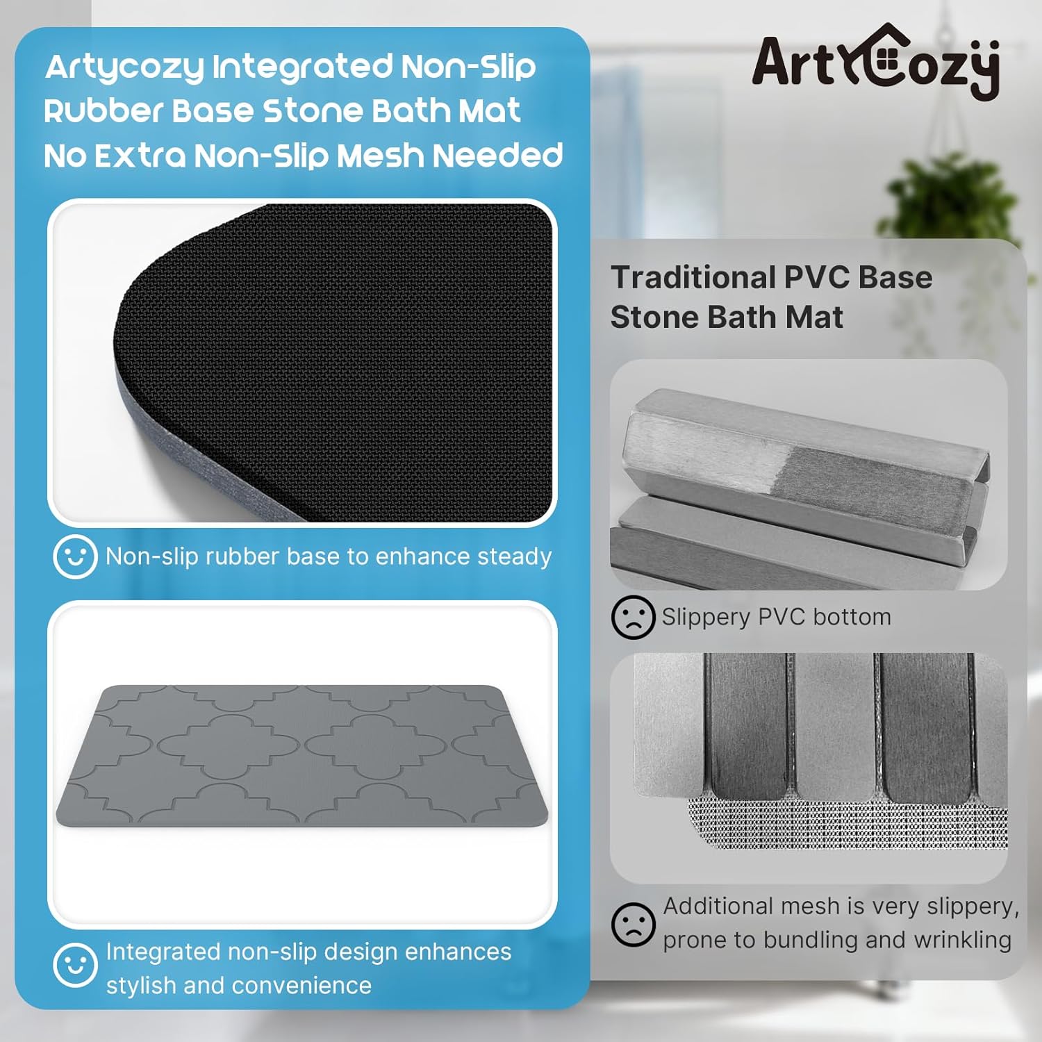 ArtyCozy Large Stone Bath Mat with Non-Slip Rubber Back, 23.6" × 15.7", Super Absorbent Diatomaceous Earth Mat for Bathroom, Quick Drying Shower Rugs for Bathtub, Easy to Clean, Dark Grey - Image 3