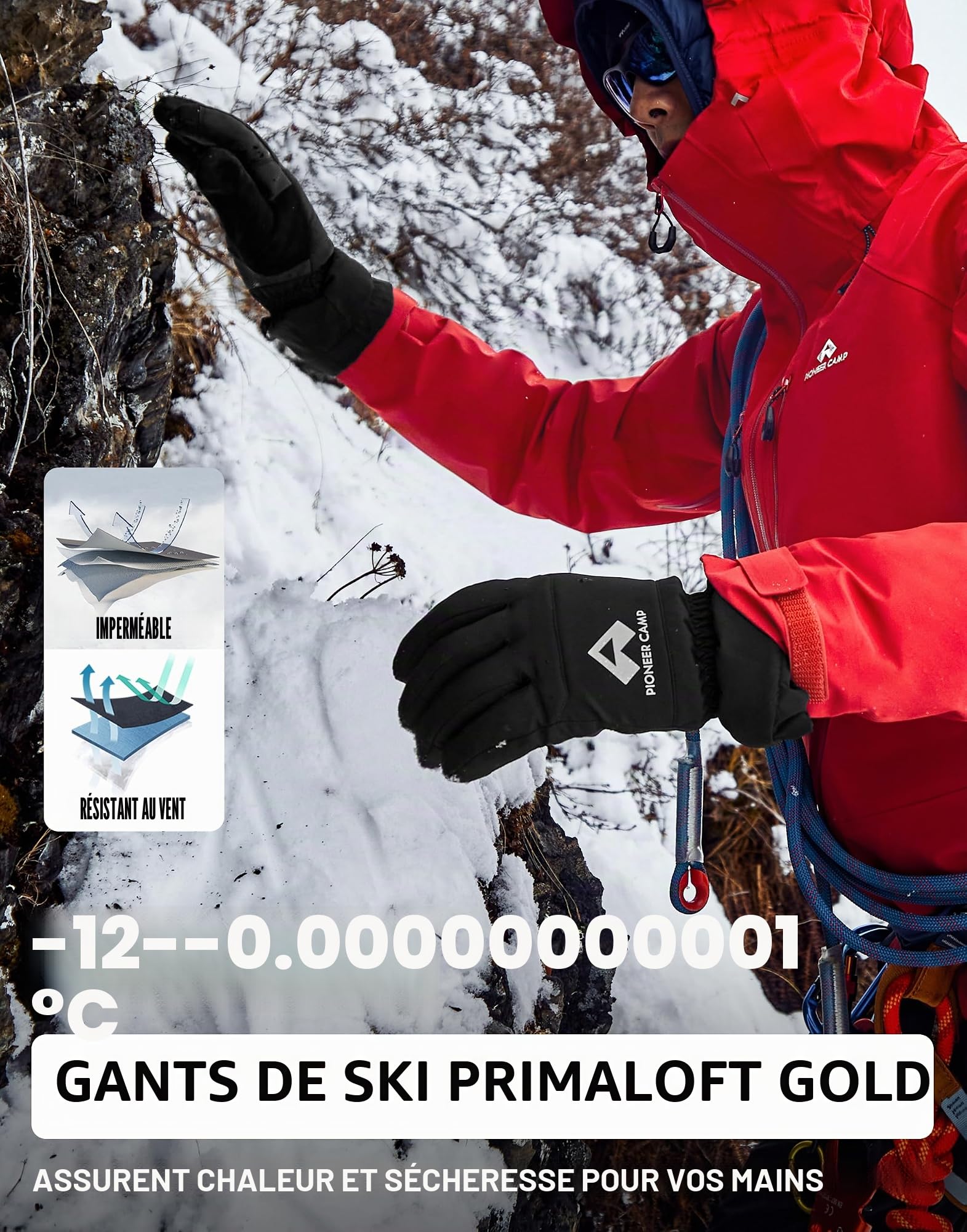 Pioneer Camp Gants d'hiver pour Homme et Femme - Imperméables Primaloft® - Isolation dorée - Gants de Ski Chauds - Écran Tactile - Insert Thermique épais - Course à Pied - Ski - Randonnée - Cyclisme