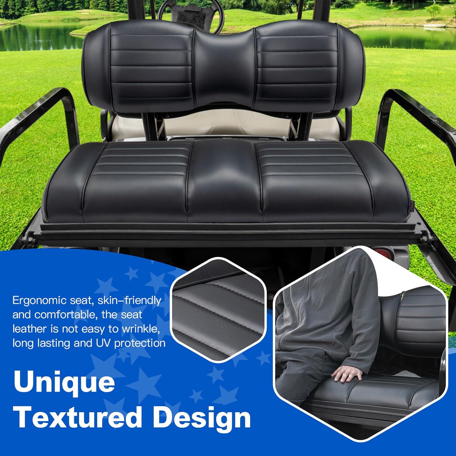 NOKINS Golf Cart Premium Rear Seat Cushion for Aftermarket Standard Rear Seat,Seat Back & Seat Bottom Cushion Assembly (Black, Fits Aftermarket Standard Rear Seat)
