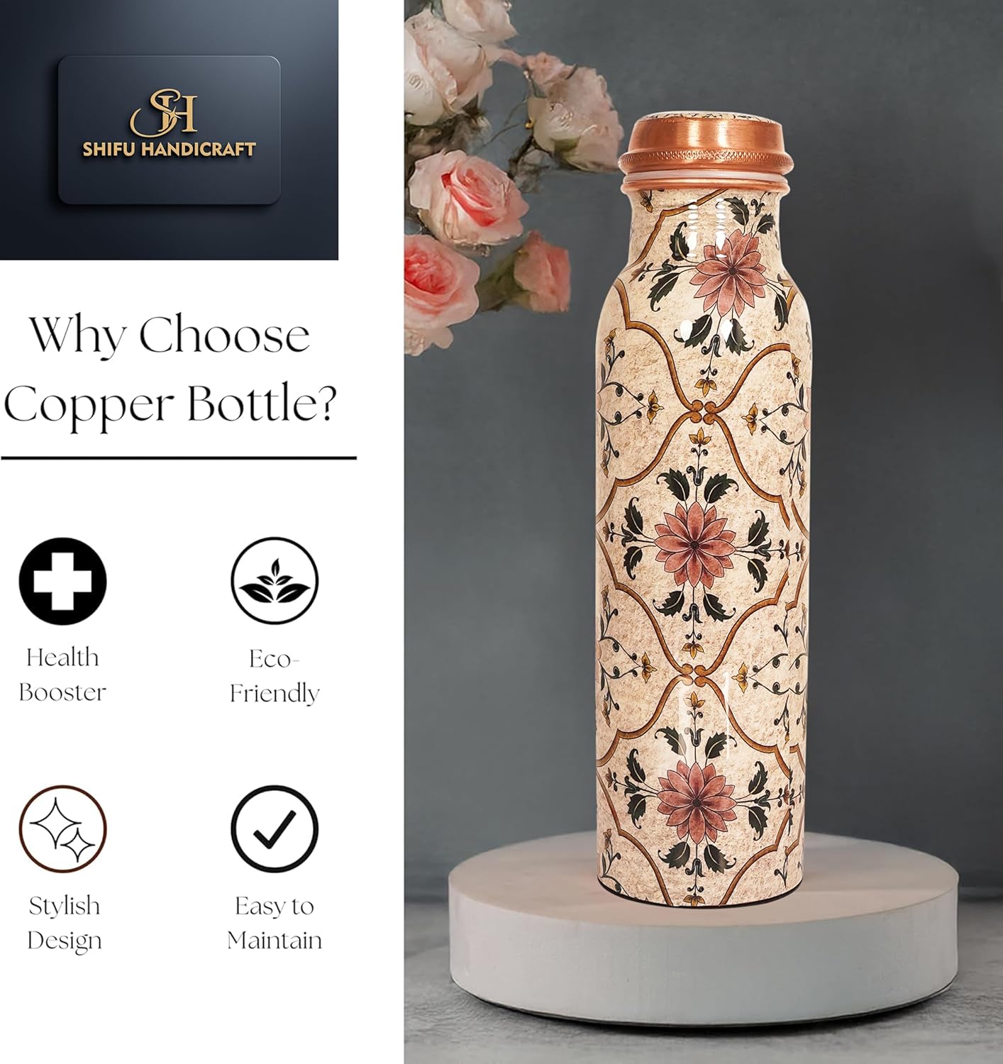 Copper Water Bottle 34 Oz Large Copper Water Bottle For Drinking 100% Pure Ayurvedic Multicolor Vessel For Leak-Proof Lid Bottle for Yoga, Gym, Office, Home & Travel (IVORY PRINTED)