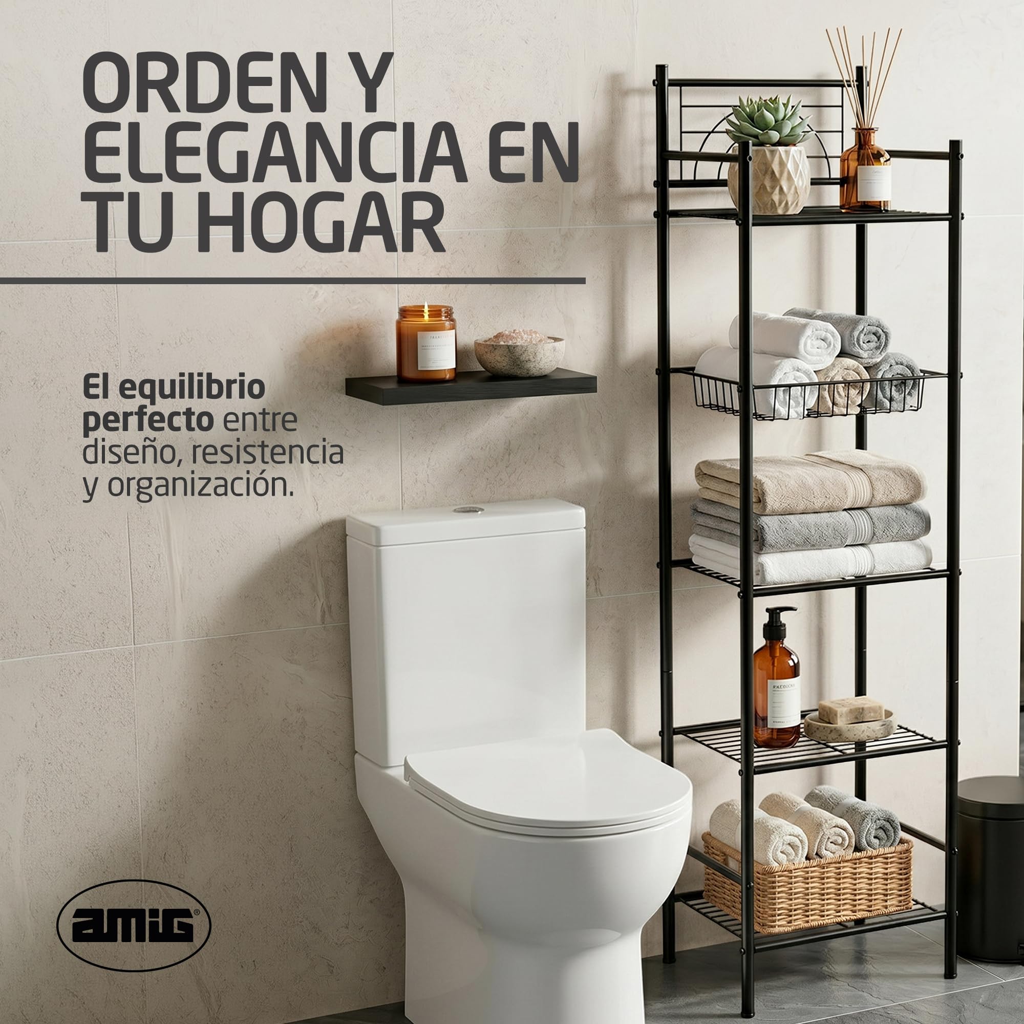 Amig - Estantería de baño Mod. ORIA - 5 Alturas - Fabricado en Acero - Color Negro Mate - con Patas Ajustables - para Espacios pequeños - 34 x 30 x 150 cm