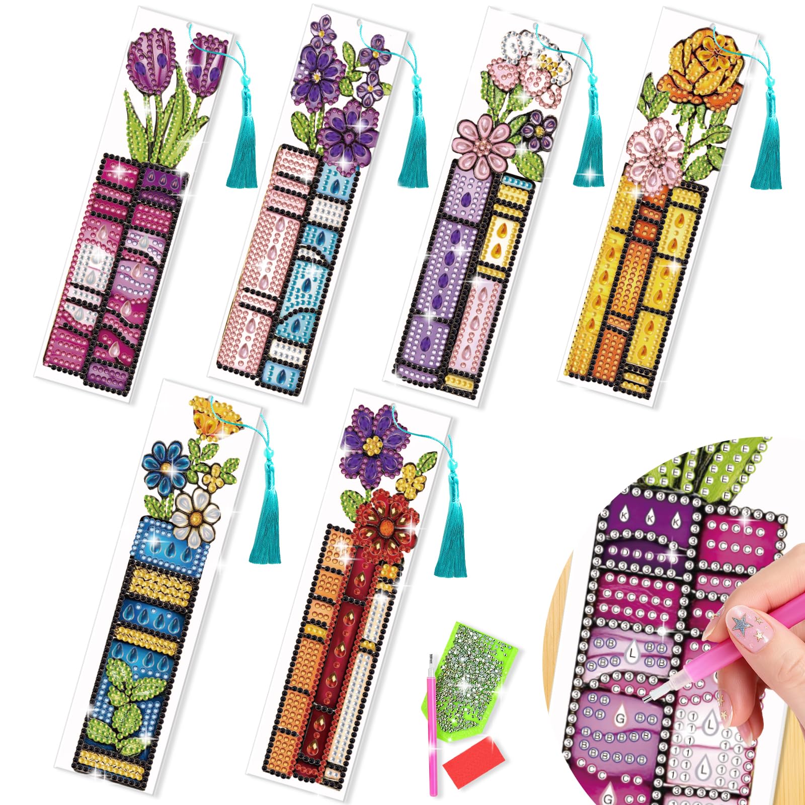 beinkmake 6pcs Diamond Painting Bookmark Set with Tassels Book and Flower Design for Adults Gem Art Kit for Readers and Writers 5D Decorative Bookmark 7.87x1.97 Inches