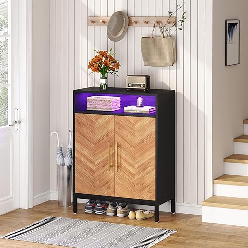 Miniatura 5 de LITTLE TREE Armario de zapatos con puertas y luz LED, 16 pares de almacenamiento de zapatos de entrada, zapateros organizador de almacenamiento para