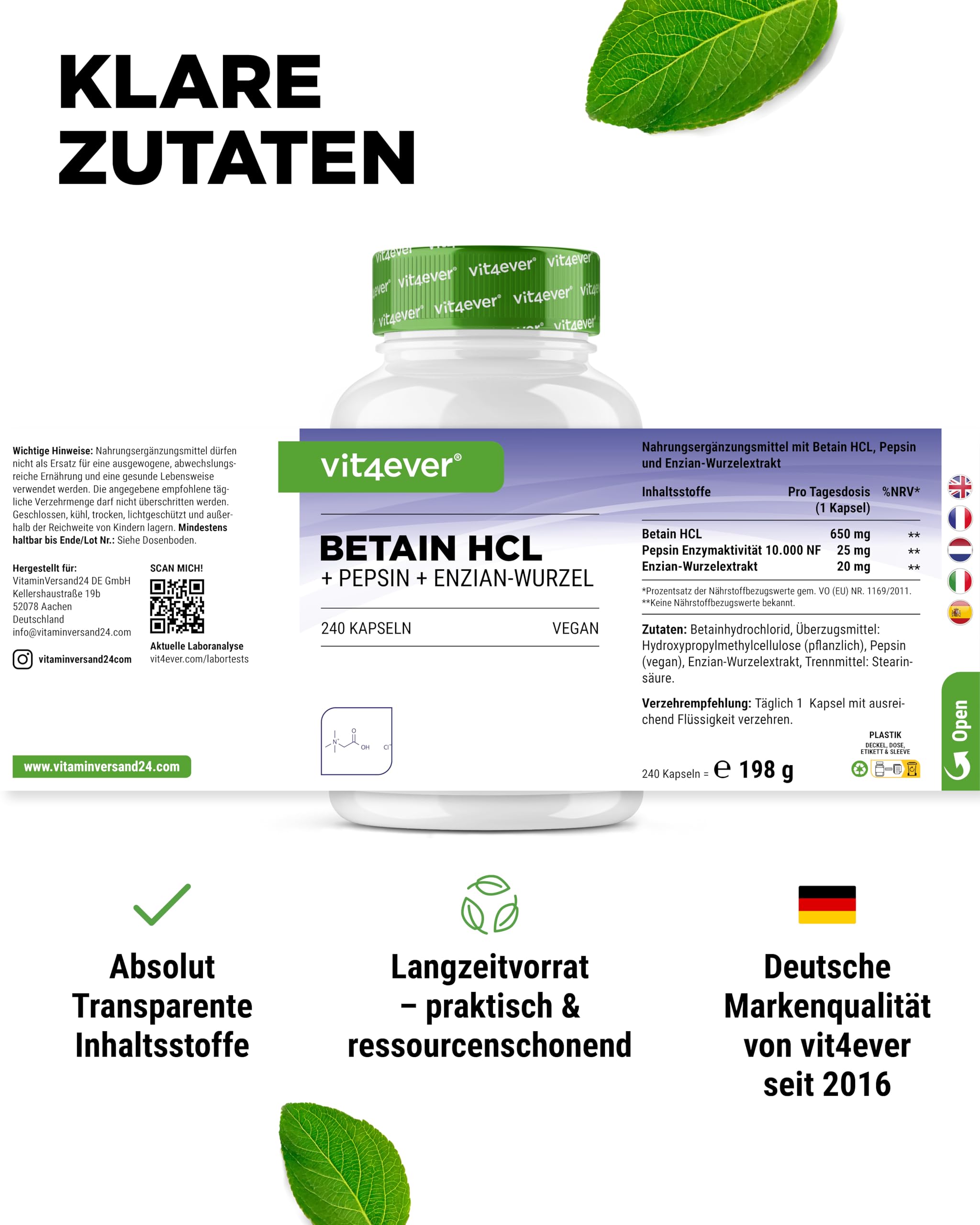 Betain HCL - 240 Kapseln mit 650 mg Betain HCL - Premium: Mit Pepsin & Bitterstoffe aus Enzian - Vollspektrum Enzym Kapseln - Hochdosiert - Laborgeprüft