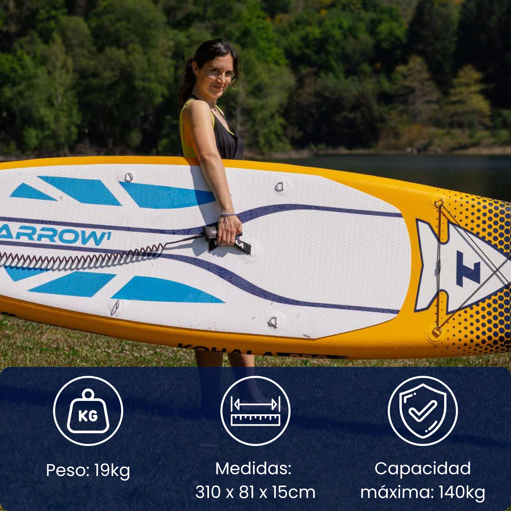 KOHALA Tabla Paddle Surf Hinchable Arrow 10’2” (310 x 81 x 15) cm | Pack Pro con Remo, Bomba Doble Acción, Mochila, Leash y Aletas | Tabla Fusion Avanzada para Adultos