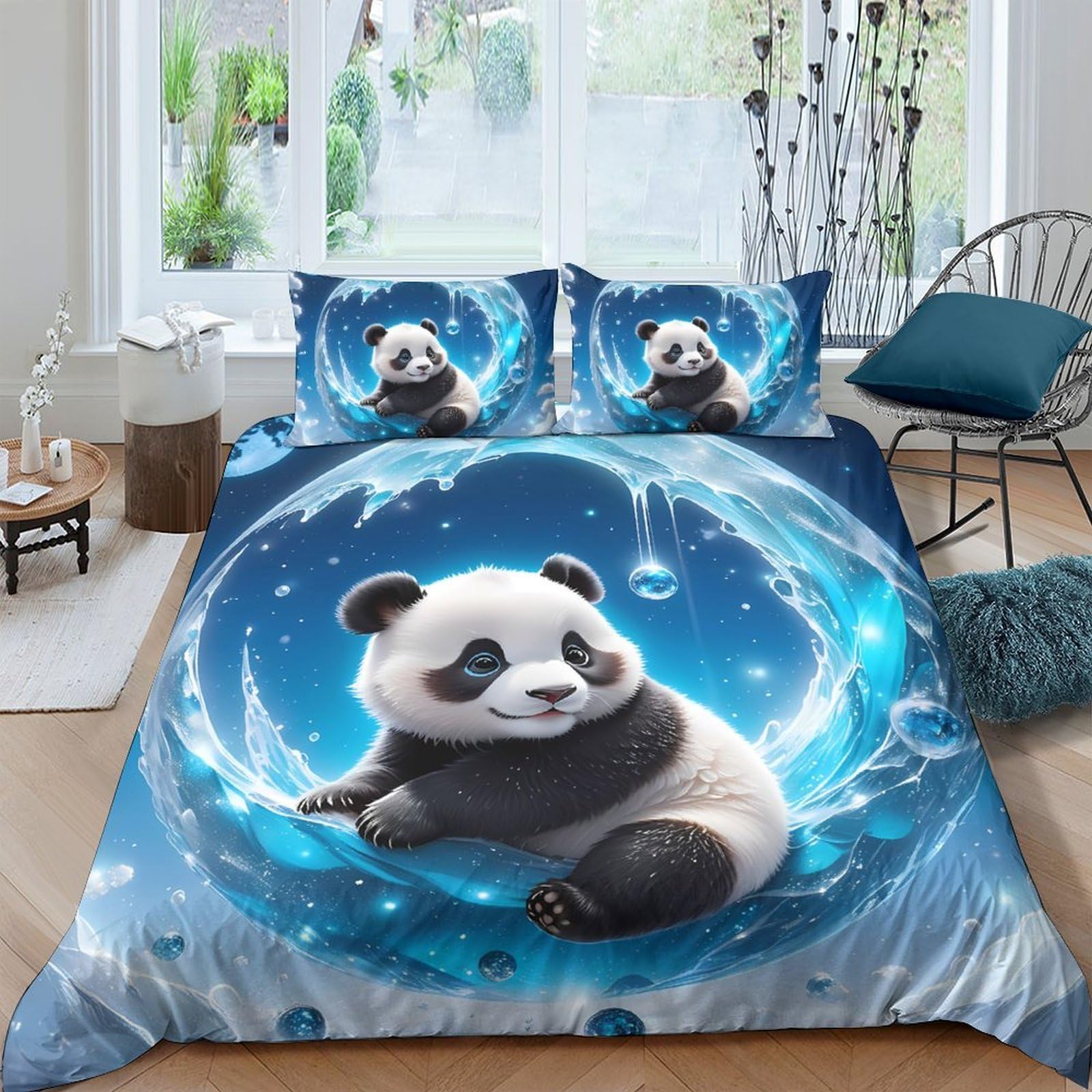 GPLZQXKJNH 3D Printed Blue Cartoon Panda Duvet Cover Microfiber Soft Breathable Water Splash Bedding Set with 2 Pillowcases for Bedroom Decor Single（135x200cm）