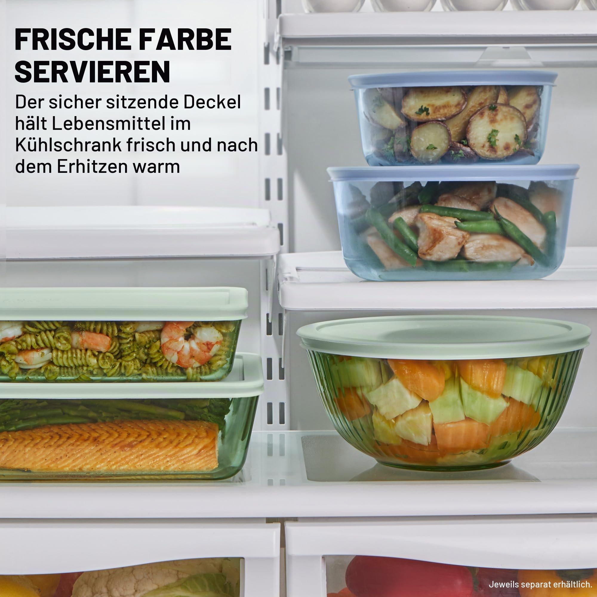 Pyrex Farbig getönte Glas-Rührschüsseln mit Deckel, stapelbar, platzsparendes Set zum Zubereiten und Backen, 2,3 l und 4,5 l, 4 Stück