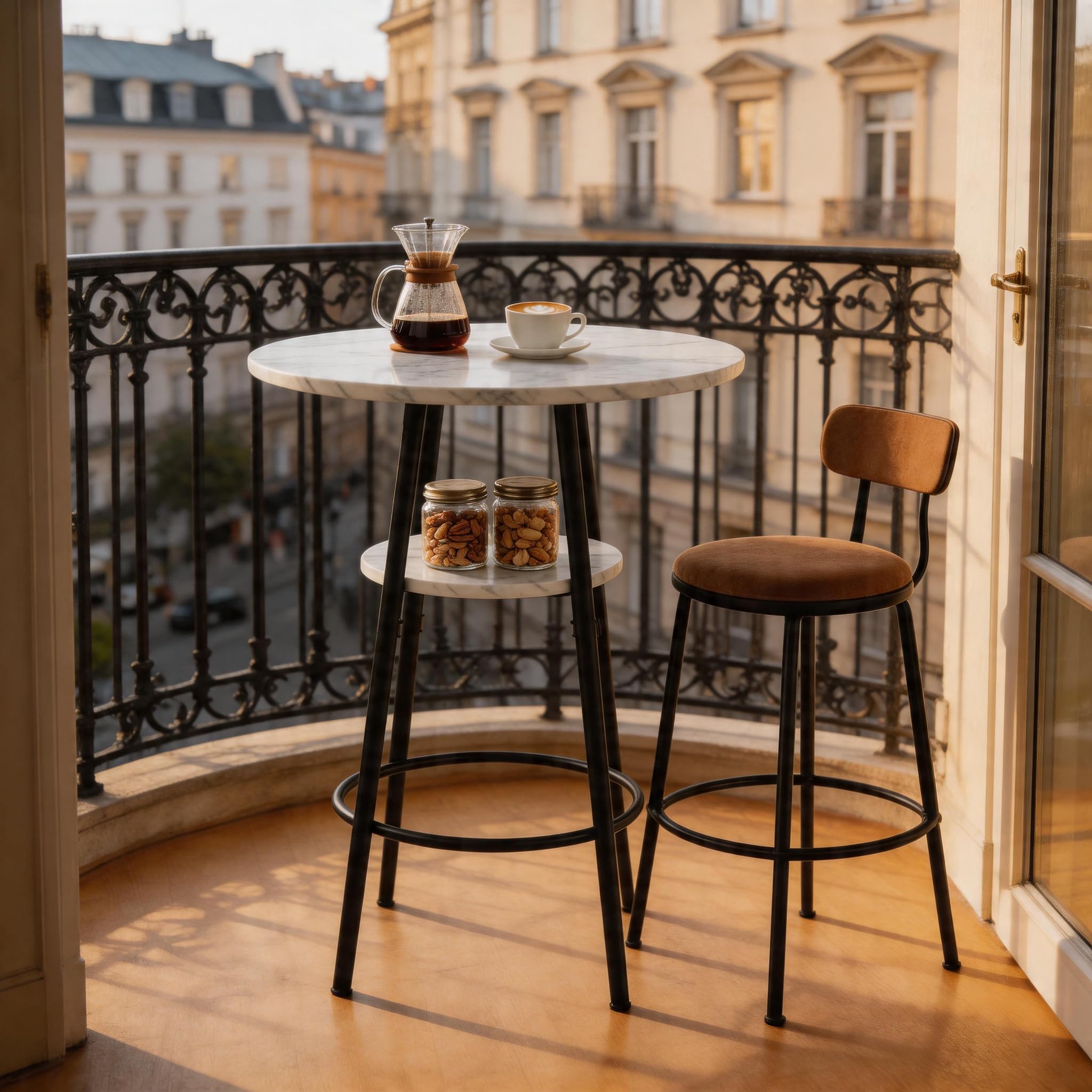 MURUL Bartisch Weißer Marmoroptik, 60 cm Stehtisch mit Stauraum & Schwarzem Metallrahmen, für Küche, Café & Esszimmer