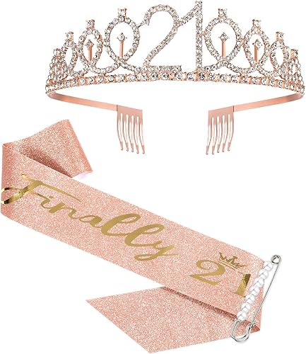 Juego de banda y corona de cumpleaños 21 para niñas, juego de tiara de diamantes de imitación y banda de 21 cumpleaños para niñas, regalos de