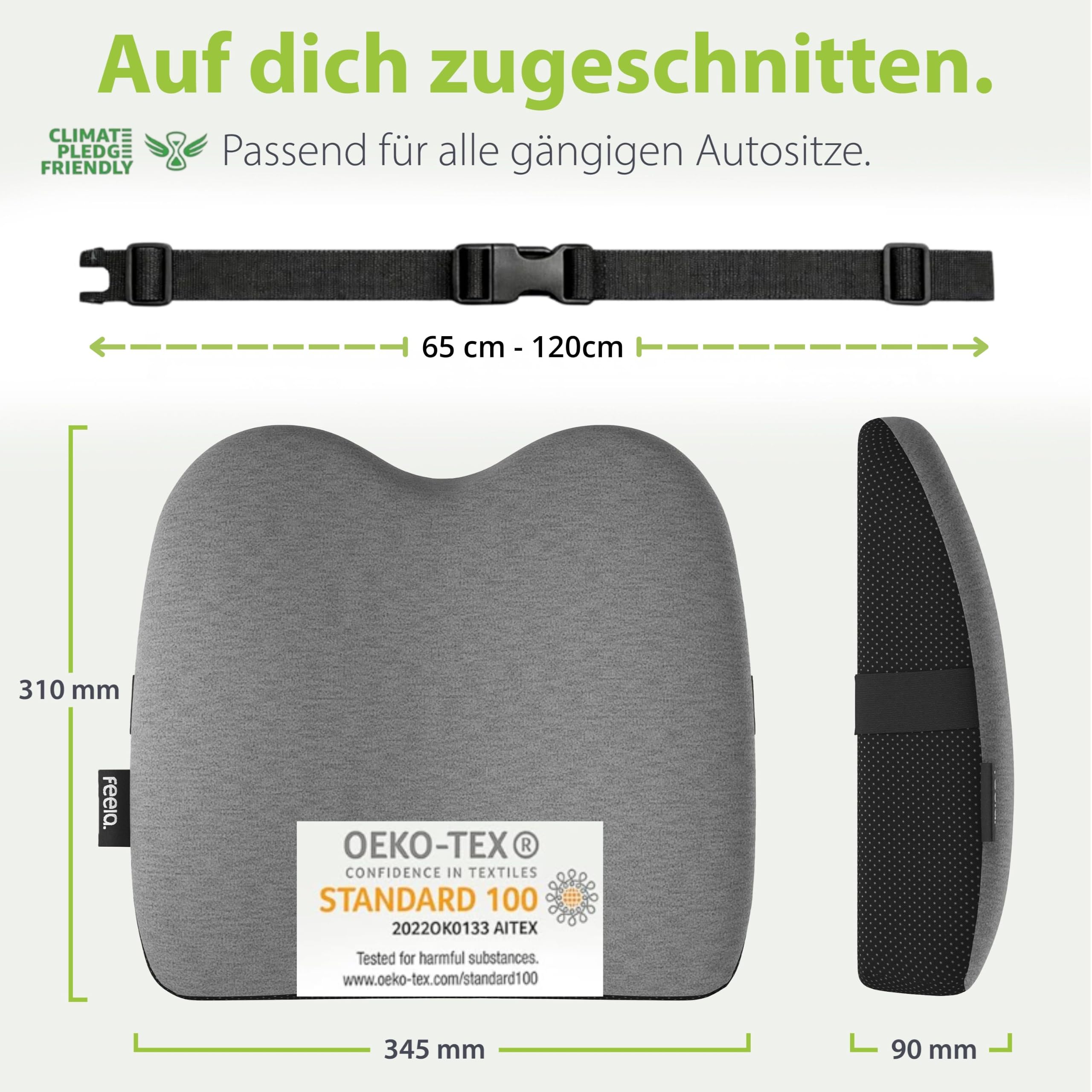 feela.® Ergonomisches Rückenkissen für Auto- und Bürostühle | Gedächtnisschaum-Rückstützkissen für Sitzkomfort und Haltung – Verstellbare Passform für Autositze und Bürostühle (Dunkelgrau)