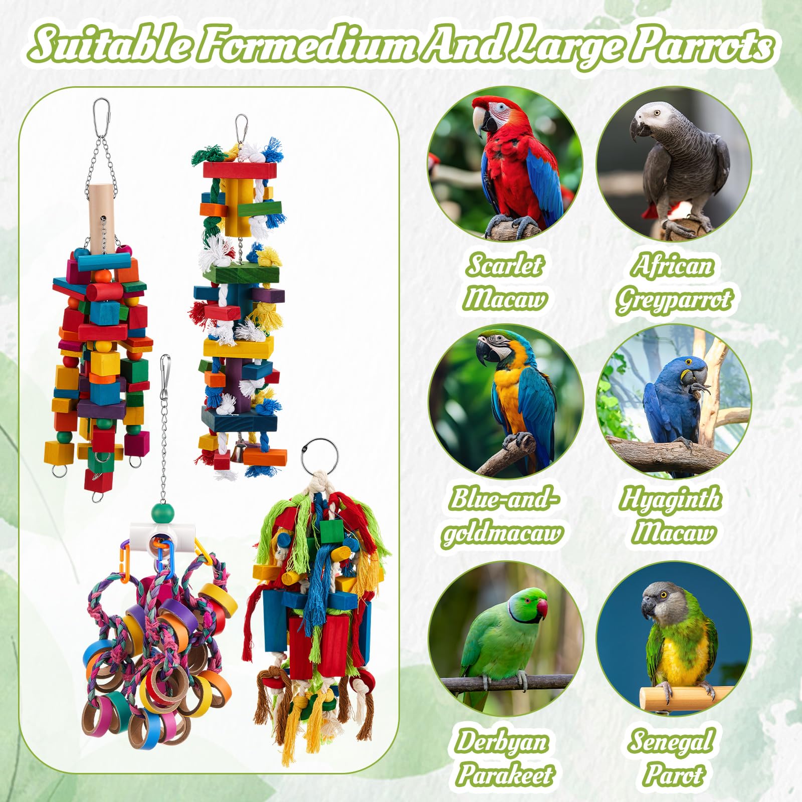 Seenelling 4 piezas extra grandes de juguete para loros de madera natural multicolor, juguetes masticables para guacamayos grandes y medianos, cacatúas, pájaros grises africanos (mezclado)