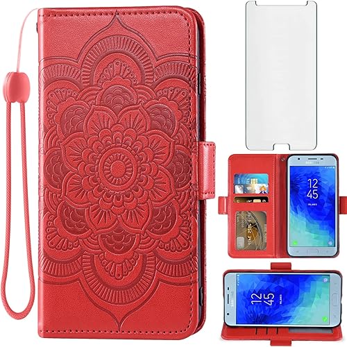 Asuwish Compatible con Samsung Galaxy J3 Orbit J 3 Star 2018 3J Achieve - Funda tipo cartera y protector de pantalla de vidrio templado para Glaxay