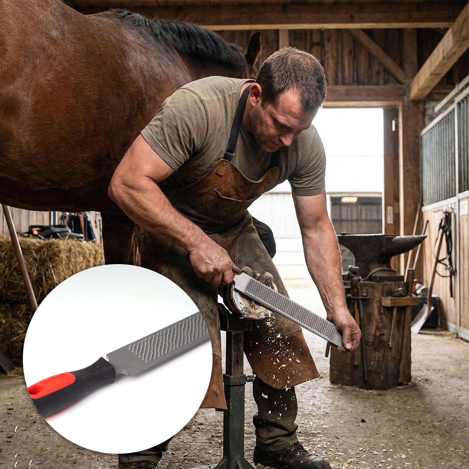 Hufraspel Doppelseitiges 350mm aus Kohlenstoffstahl mit Gummigriff, Runder Kopf Hufschmied Hufraspelwerkzeug, Pferdehuffeile Hufpflege für Pferde, Ziegen, Kühe, Tierhufe (Grau, 350mm)