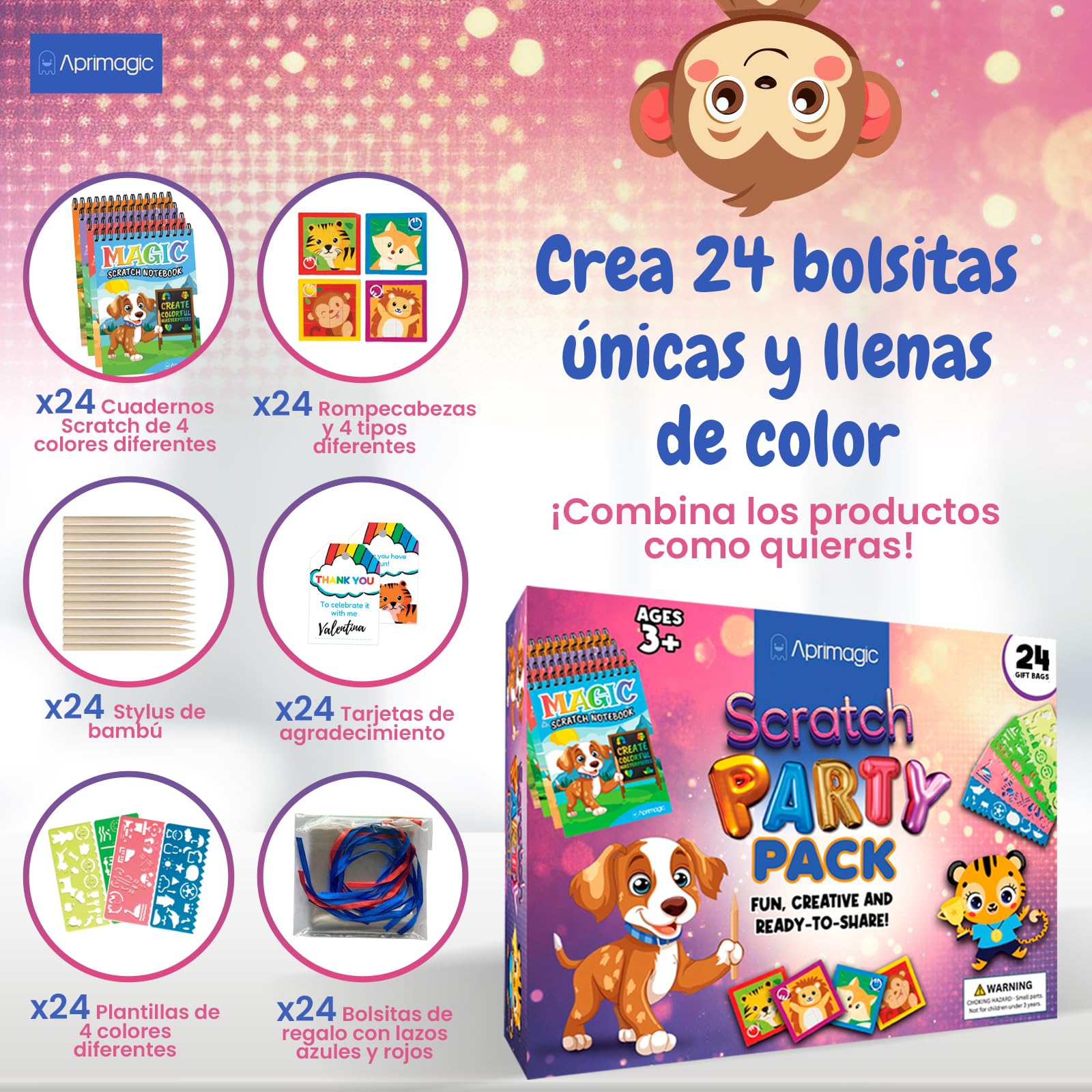 Pack 24 Libretas Scratch, Puzzles y Bolsas de Regalo - Regalos Cumpleaños Niños Colegio - Bolsitas Cumpleaños Infantiles - Detalles Cumpleaños Niños (24)