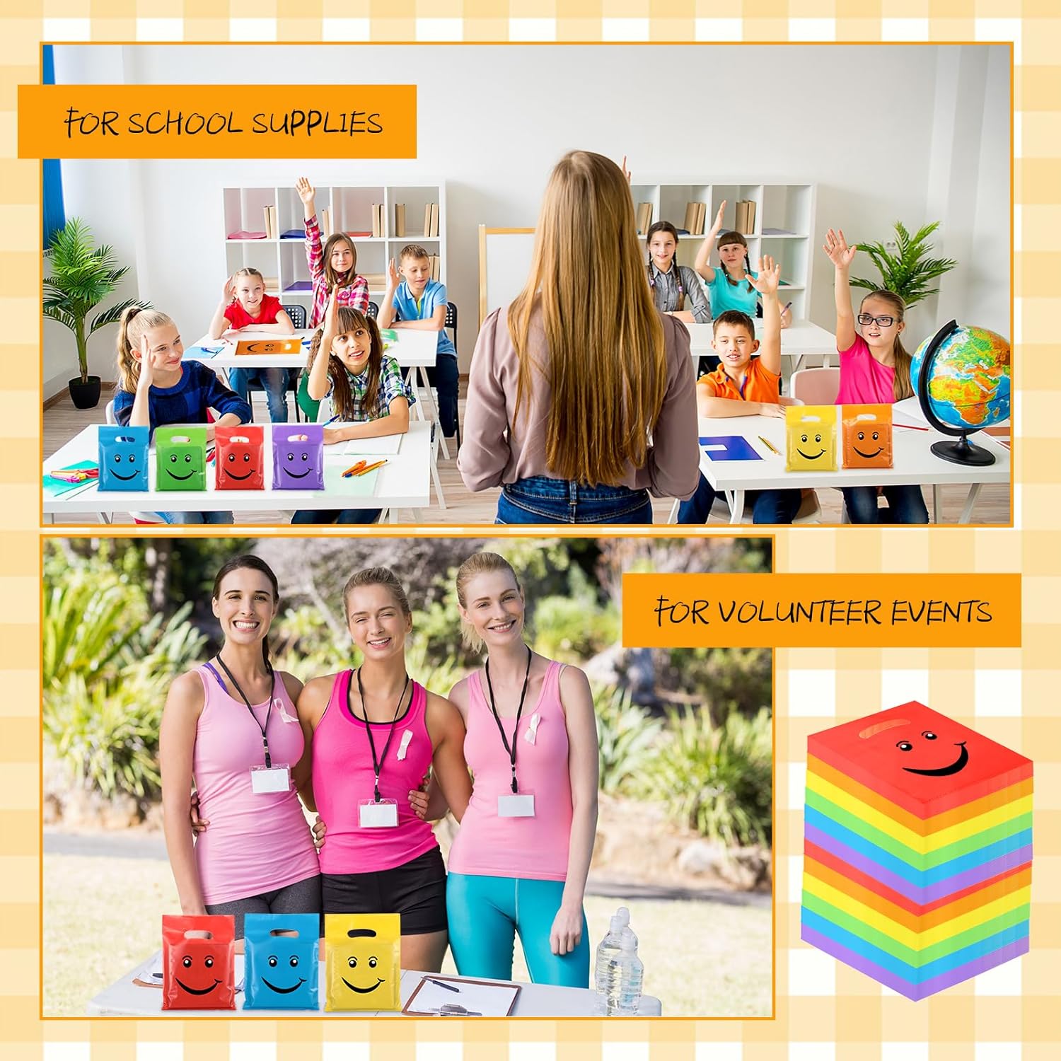 Geyee 300 Pieces Smile Face Gift Bags 6" x 8" Plastic Party Favors Goodie Treat Bags Bulk with Handle for Kids Birthday Party Classroom School Supplies(Multicolor)