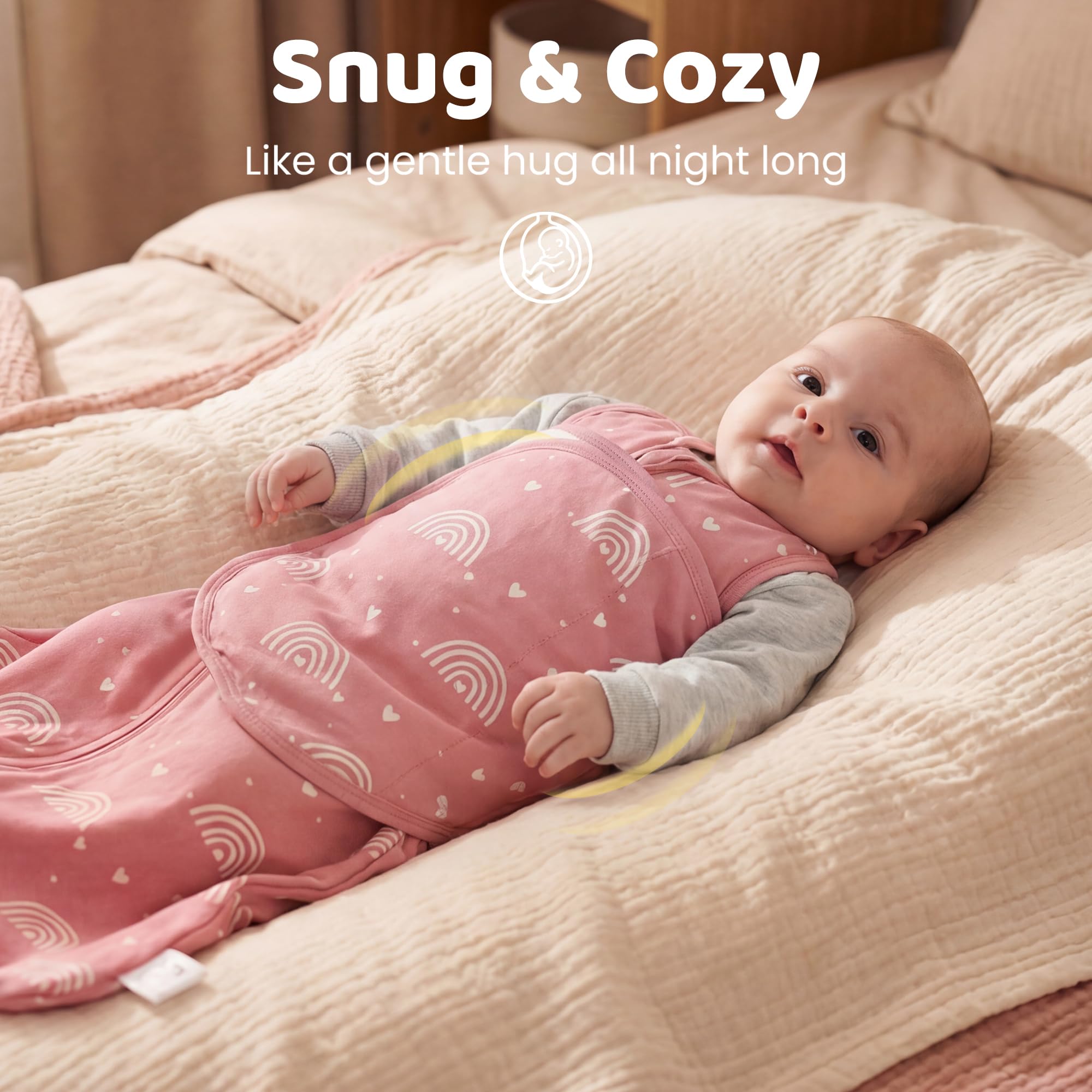 Baby Swaddle Sleep Sack 3-6 Months, Cotton Swaddles for Newborns Girls, 2-Way Zipper Transitional Infant Wearable Swaddling Blanket with Quiet Closure, 0.5 TOG 2 Pack Soft Pink Rainbow - 5