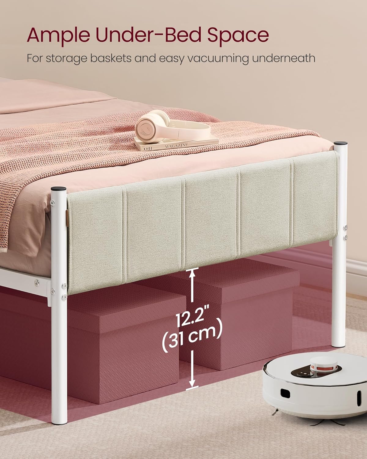 VASAGLE Twin Bed Frame with Upholstered Headboard, Metal Bed Frame Twin Size with Footboard, 550 lb Weight Capacity, Steel Slats, Easy Assembly, No Box Spring Needed, Cappuccino Beige URMB983W01V1 - Image 7