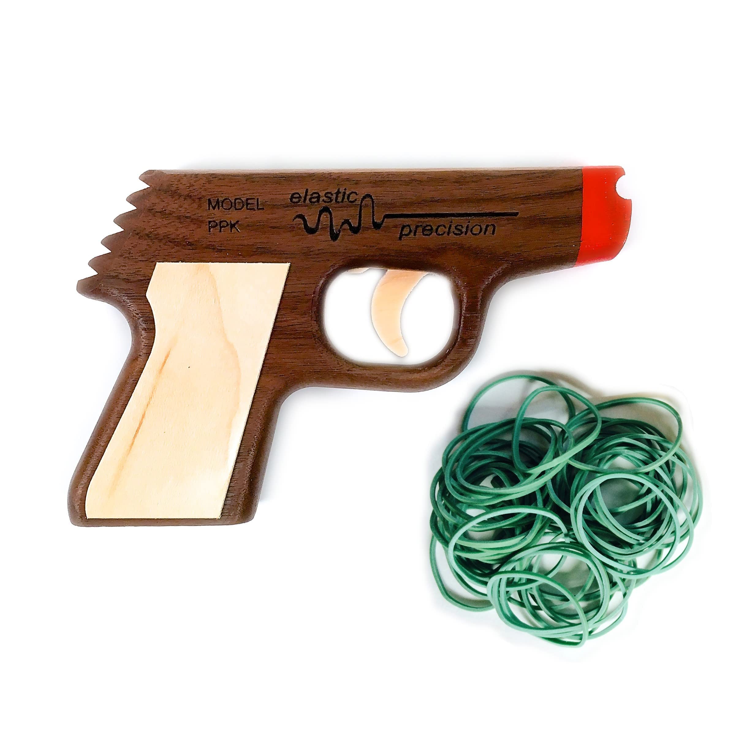 Elastic Precision Model PPK Rubber Band Gun with Rapid-Fire Semi-Automatic Action - Made from Walnut with Maple Grips