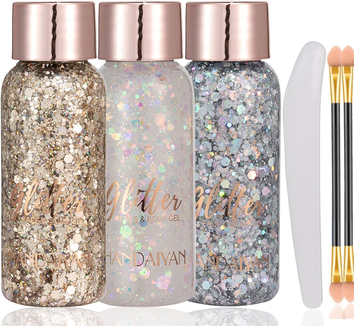Face Glitter Gel, 3 Jars Holographic Chunky Glitter Makeup for Body, Hair, Face, Nail, Eyeshadow, Long Lasting and Waterproof Mermaid Sequins Shimmer Liquid Glitter (Set C)