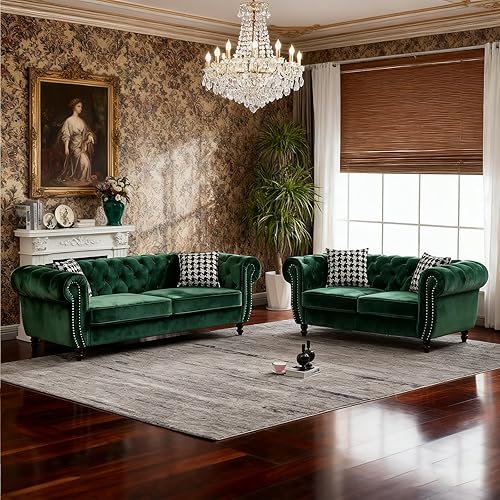 Miniatura 13 de Sofá biplaza moderno de terciopelo negro de mediados de siglo, sofá Chesterfield de 67 pulgadas con ribete de cabeza de clavos, brazo enrollado,