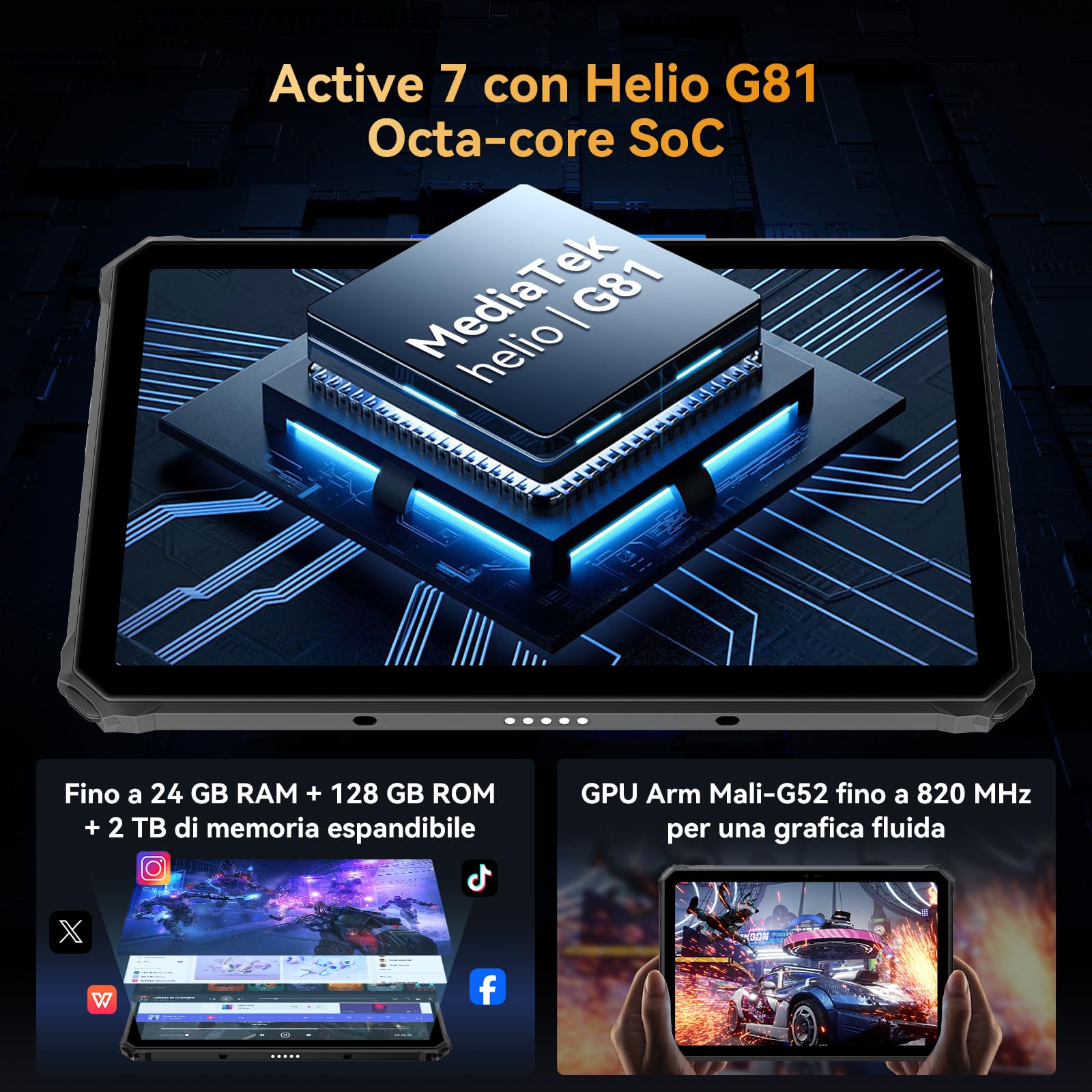Blackview Active 7 Tablet Rugged 11 Pollici FHD+ Android 15 GeminiAI/20MP Visione Notturna/Luce Campeggio/Dual 4G Rugged Tablet PC 24 GB RAM+128 GB ROM+2 TB TF NFC/GPS/10000mAh/45W/OTG/con Penna Stilo