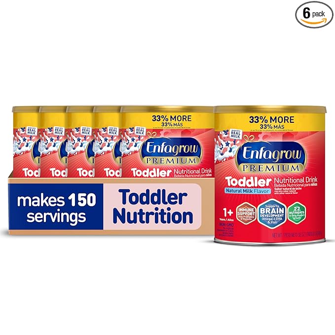 Enfagrow PREMIUM Toddler Nutritional Drink, Made with Real Milk, Brain-Building Omega-3 DHA, Nutrients and Prebiotics for Growth & Immune Support, Non-GMO, Toddler Milk Powder, 32 Oz Can, 6 Count
