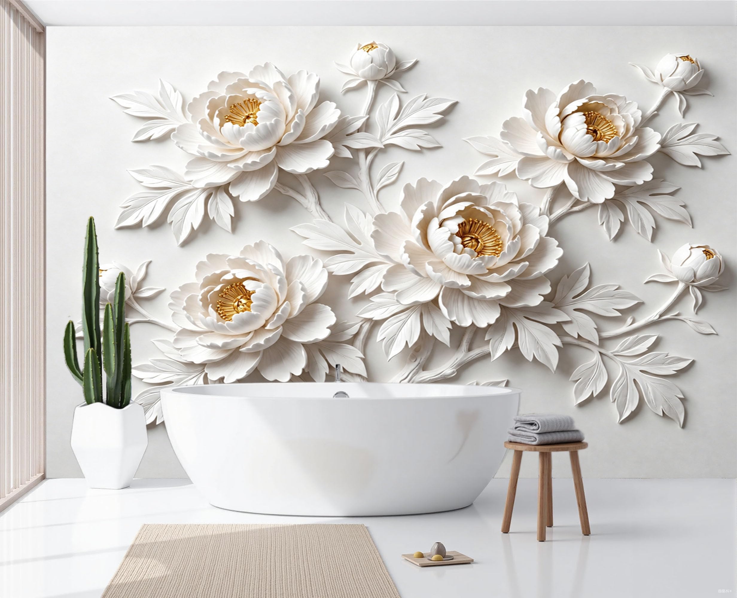 Fototapete Vlies Tapete 3D Effekt Fototapeten 3D-Relief Einer Einfarbigen Pfingstrose Vliestapete Luxuspflanzen Tapeten Weiß Gold Moderne Wandtapete, Wohnzimmer, Tv Hintergrund Deko, 300X210Cm (B×H)