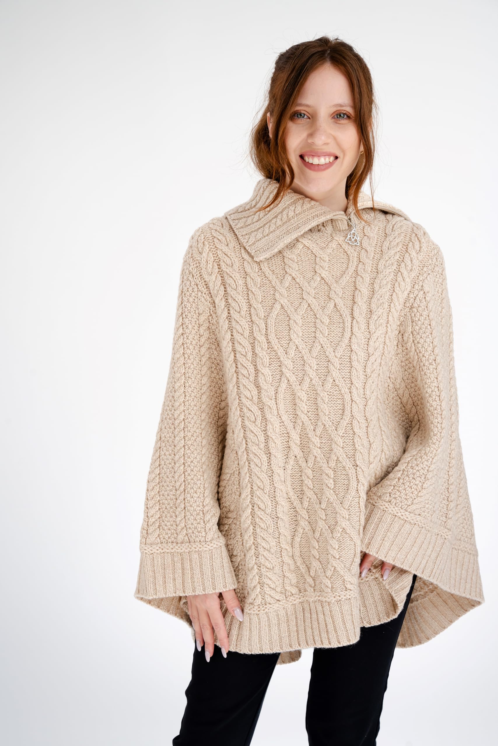 SAOL Ireland - Poncho 100 % de lana merino con cremallera y cuello redondo para mujer