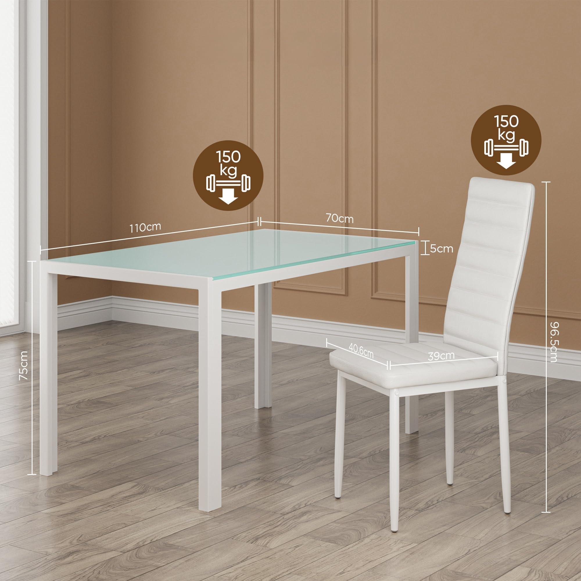Bealife Set Tavolo e Sedie da Pranzo, 4 Sedie Confortevoli, Tavolo in Vetro Temperato, per Cucina, Stanza da Pranzo e Soggiorno (4 sedie, bianca)