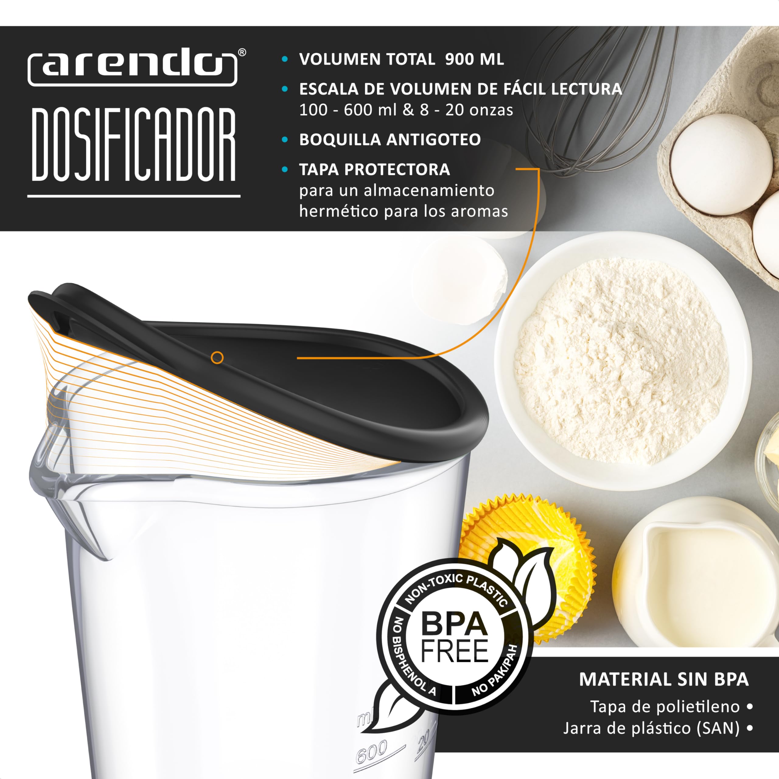 arendo - Jarra dosificadora de plástico 600 ml y 20 onzas - Jarra dosificadora Transparente - Ideal para Batidoras Eléctricas y de Mano.