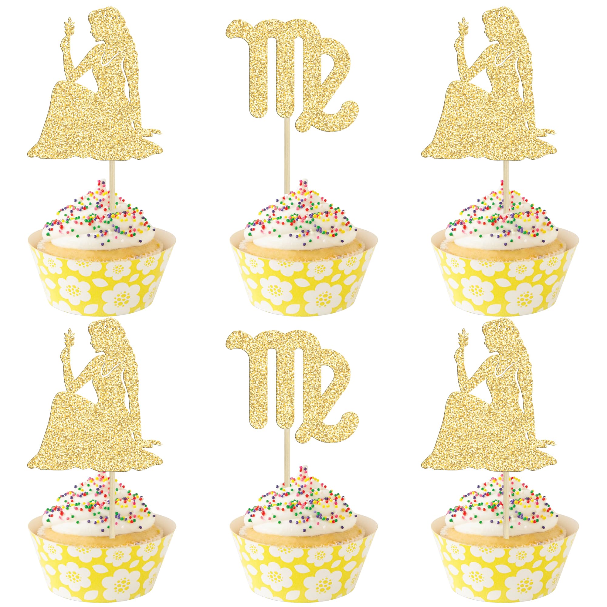 GyufiseGyufise 24Pcs Virgo Cupcake Toppers Glitter 12 Constellation Virgo Cake Toppers August September Birthday Cupcake Decoration for Horoscope Astrology Birthday Party Supplies Gold