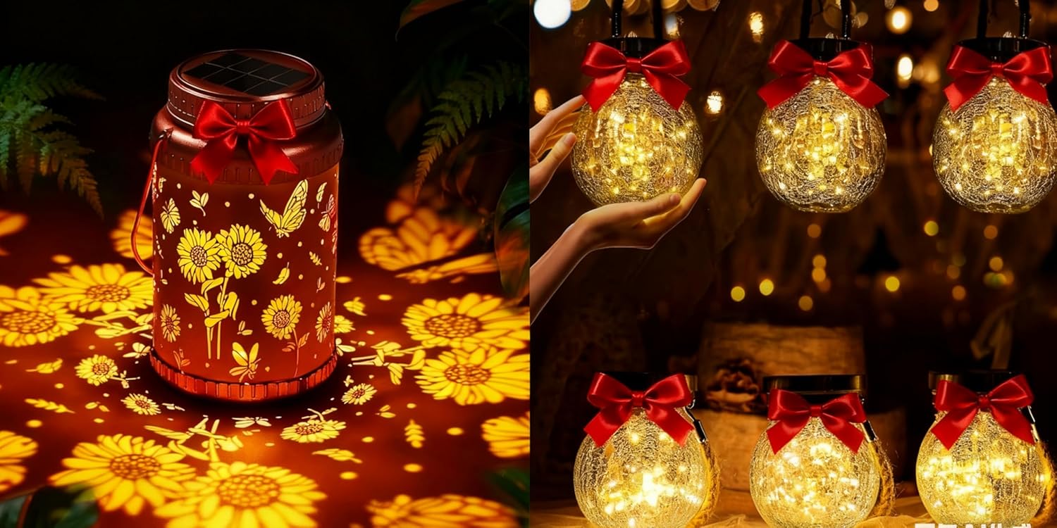 Cooo Christmas Gift Bundle: 2 Sunflower Projection Solar Lanterns & 6 Crackle Glass Solar Lights