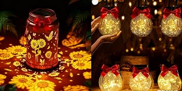Cooo Christmas Gift Bundle 2 Sunflower Projection Solar Lanterns & 6 Crackle Glass Solar Lights